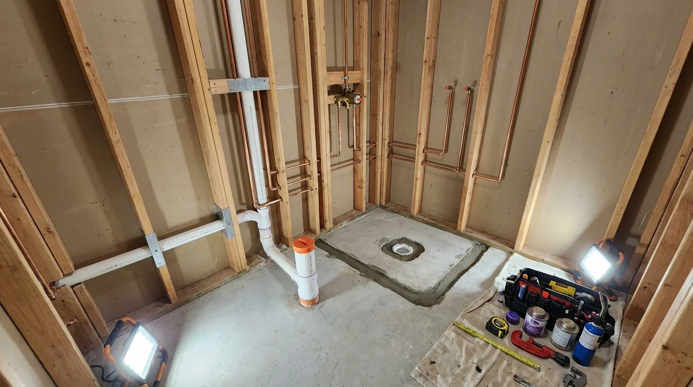 Bathroom rough-in plumbing during remodel by Johns Plumbing LLC in Lynn Haven