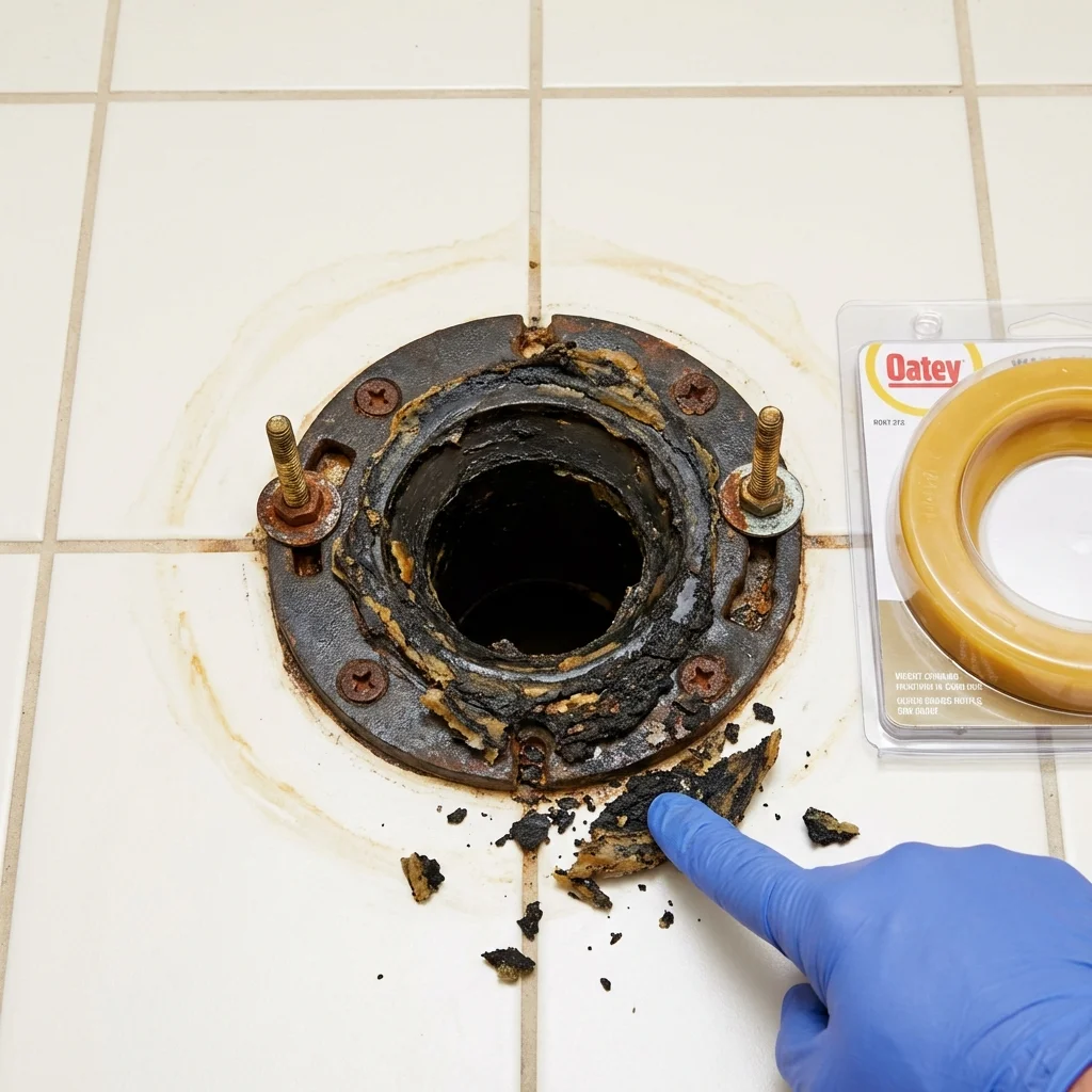 Failed wax ring showing water seepage at the base of a toilet in a Lynn Haven, FL home