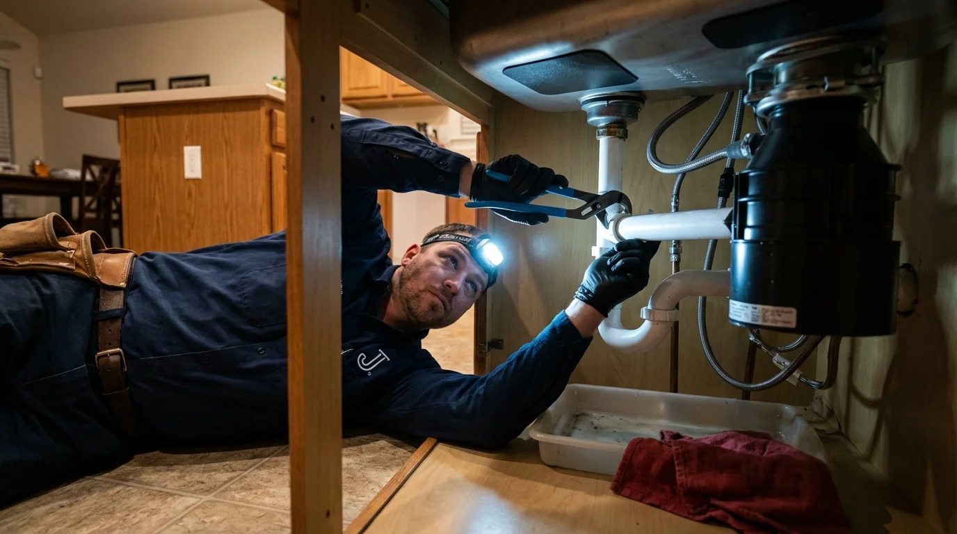 P-trap and supply line connections under a kitchen sink showing a common leak point in Lynn Haven, FL